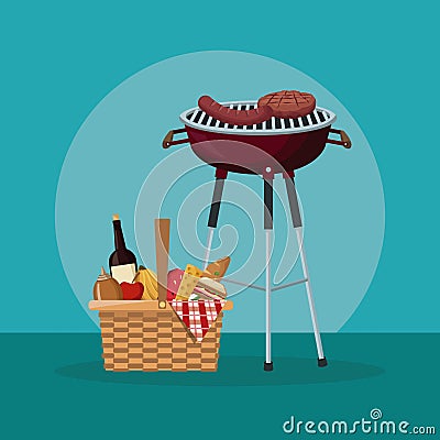 Colo scene of picnic with food and beverages and grill barbecue Vector Illustration