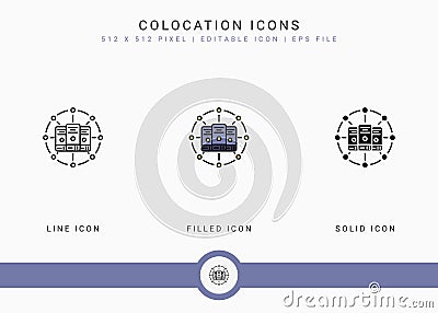 Colocation icons set vector illustration with solid icon line style. Data system server concept. Vector Illustration