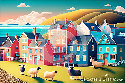 Coloful seaside town with sheep fun happy illustration Cartoon Illustration