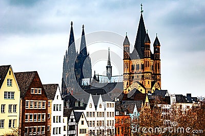 City center with Cathedral, Great St. Martin Church in Cologne, Germany Stock Photo