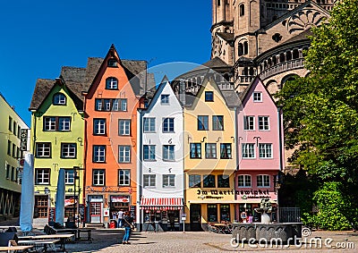 Cologne, Germany: Famous Fish Market Colorful Houses and Gross St Martin Church in Summer Editorial Stock Photo