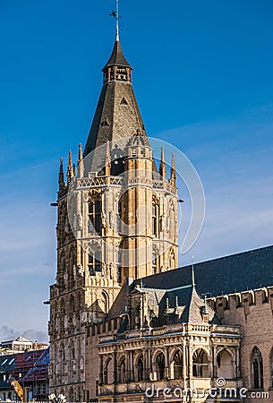 Cologne Koln, Germany: Medieval Tower and Loggia of the City Hall Building Kolner Rathaus with Blue Sky Editorial Stock Photo