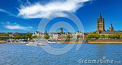 Beautiful scenic rhine riverside water skyline, medieval St. Martin church, green trees, spectacular blue summer sky Editorial Stock Photo