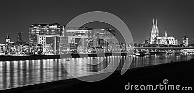 Cologne night skyline in black and white Stock Photo