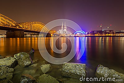 Cologne Night Skyline with Cathedral Stock Photo