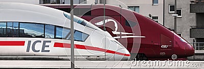 German ICE and european thalys train in cologne germany panorama Editorial Stock Photo