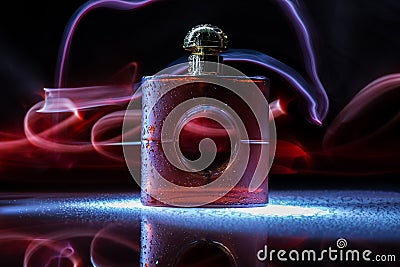 Bottle of cologne perfume on red light background Stock Photo