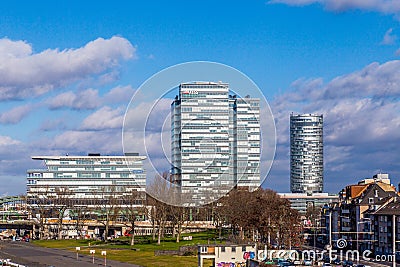 Cologne skyline with modern skyscraper in Cologne Deutz under cloudy sky Editorial Stock Photo