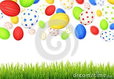 Cololrful Easter eggs falling at green grass Stock Photo