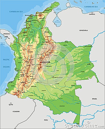 High detailed Colombia physical map with labeling. Vector Illustration