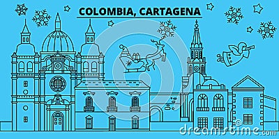Colombia, Cartagena winter holidays skyline. Merry Christmas, Happy New Year decorated banner with Santa Claus.Flat Vector Illustration