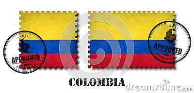 Colombia or colombian flag pattern postage stamp with grunge old scratch texture and affix a seal on isolated background . Black c Vector Illustration