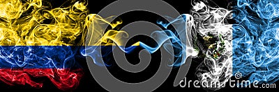 Colombia, Colombian vs Guatemala smoky mystic flags placed side by side. Thick colored silky abstract smokes flags Stock Photo