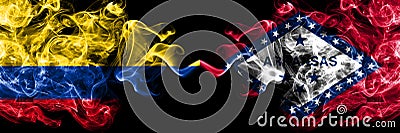 Colombia, Colombian vs United States of America, America, US, USA, American, Arkansas, Arkansan smoky mystic flags placed side by Stock Photo