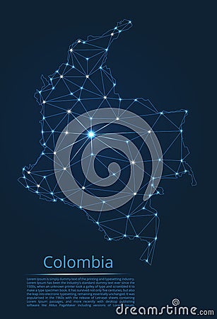 Colombia communication network map. Vector low poly image of a global map with lights in the form of cities i Stock Photo