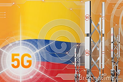 Colombia 5G industrial illustration, huge cellular network mast or tower on digital background with the flag - 3D Illustration Cartoon Illustration