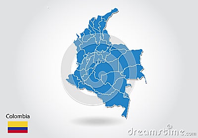 Colombia map design with 3D style. Blue colombia map and National flag. Simple vector map with contour, shape, outline, on white Vector Illustration