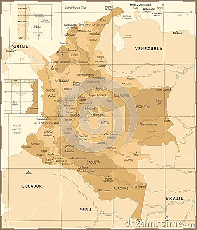 Colombia Map - Vintage Detailed Vector Illustration Stock Photo