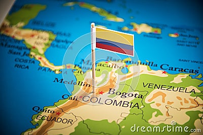 Colombia marked with a flag on the map Stock Photo