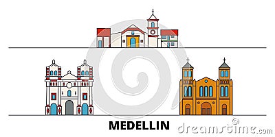 Colombia, Medellin flat landmarks vector illustration. Colombia, Medellin line city with famous travel sights, skyline Vector Illustration