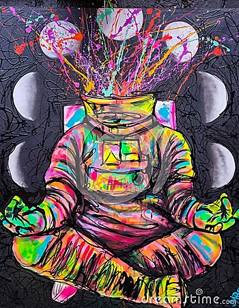 Colombia, Medellin, painting representing an astronaut in meditation Editorial Stock Photo