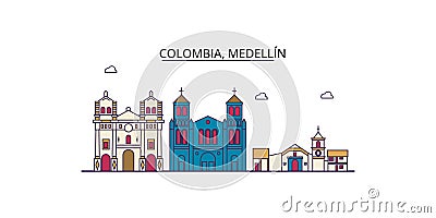 Colombia, Medellin tourism landmarks, vector city travel illustration Vector Illustration