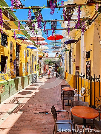 Colombia, Santa Marta, hanging colorful umbrellas and overhead decorations in the historic center Editorial Stock Photo