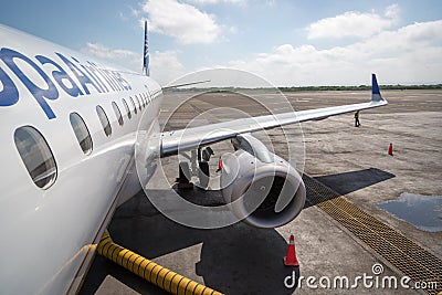 COLOMBIA - SEPTEMBER 23 2013: Copa Airlines plane ready for boarding in Cartagena City, Colombia. Copa Airlines is the Editorial Stock Photo