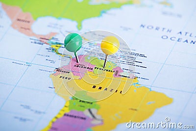 Colombia and Venezuela pinned at the map Stock Photo