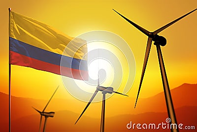 Colombia wind energy, alternative energy environment concept with wind turbines and flag on sunset industrial illustration - Cartoon Illustration