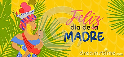 Colombian mothers day greeting banner template,bright mothers day flyer afrocolombian woman. In Spanish: Happy Mother's Day Vector Illustration