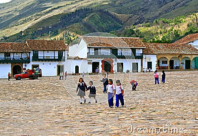 Colombian students, main square Villa de Leyva Editorial Stock Photo