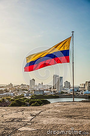 Colombian waving flag in Cartagena de indias Stock Photo