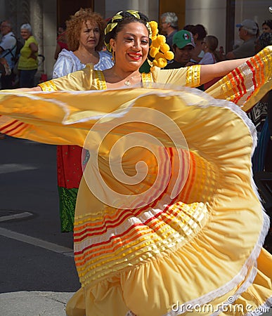Colombian woman in traditional costume dance La Pollera Colora Editorial Stock Photo