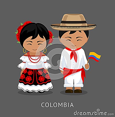 Colombians in national dress with a flag. Vector Illustration