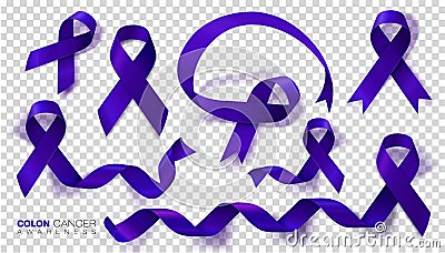 Colon Cancer Awareness Month. Dark Blue Color Ribbon Isolated On Transparent Background. Set. Colorectal Cancer. Vector Vector Illustration
