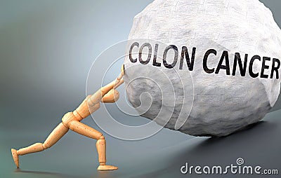 Colon cancer and painful human condition, pictured as a wooden human figure pushing heavy weight to show how hard it can be to Cartoon Illustration