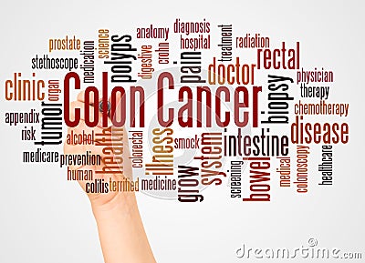Colon Cancer word cloud and hand with marker concept Stock Photo