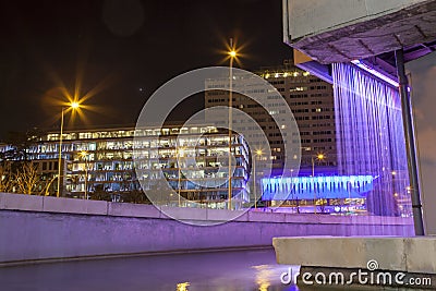 Colon Square from Fernan Gomez art centre fountain at night Editorial Stock Photo