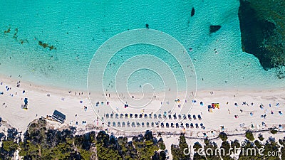 Colonia Sant Jordi, Mallorca Spain. Amazing vertical drone aerial landscape of the charming Estanys beach Stock Photo
