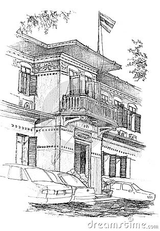 Colonial building sketch Stock Photo
