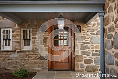 colonial house exterior with stone wall, wooden door, and lantern Stock Photo