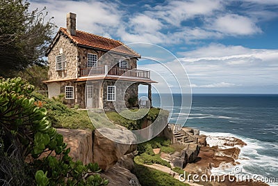 colonial house perched on the edge of a cliff, with views of the ocean in the background Stock Photo