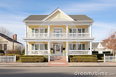 colonial with side porches, symmetrical front facade Stock Photo