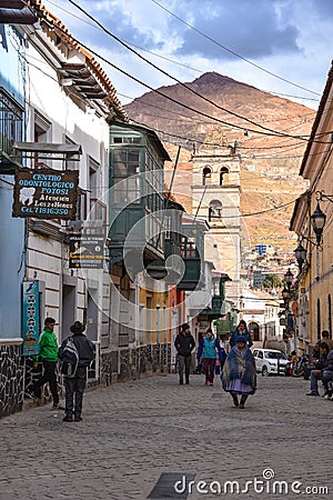 Colonial streets with the backdrop of the Cerro Rico mountain, in Potosi, Bolivia Editorial Stock Photo