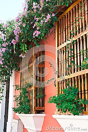 Colonial windows with plants in Cartagena, Colombia Stock Photo