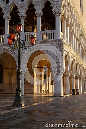 Colonnade and Lamp, Venice, Italy Stock Photo