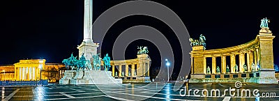 The colonnade and the pillar of the Millennium Monument on Heroes Sqaure and Fine Arts Museum, Budapest, Hungary Editorial Stock Photo