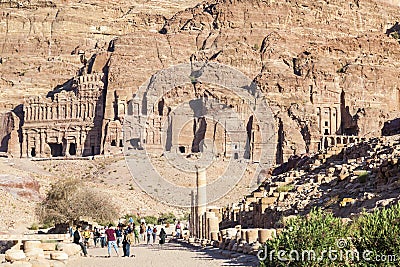 Colonnaded street with urn, silk and royal tombs on background. Petra. Jordan. Editorial Stock Photo