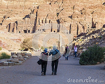 Colonnaded street with urn, silk and royal tombs on background. Petra. Jordan. Editorial Stock Photo